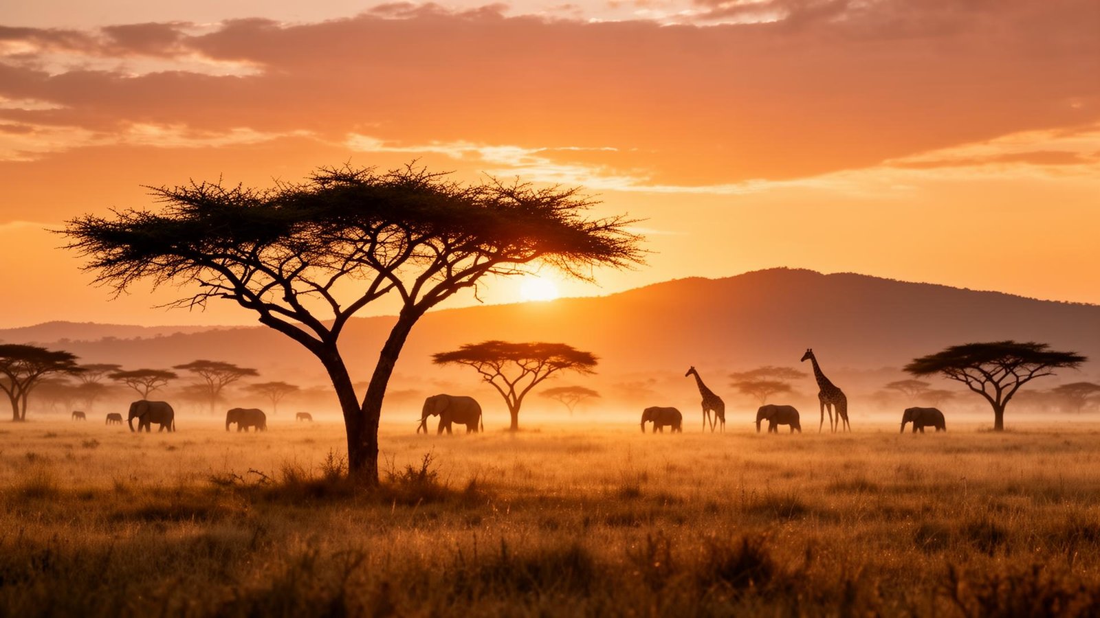 Atardecer en la sabana africana con acacias, elefantes y jirafas